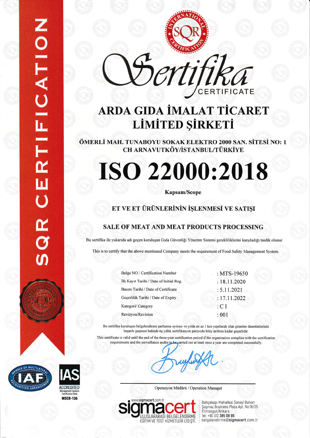 ISO 22000 2018 Sertfikası